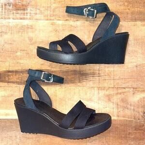 CROCS LEIGH Black Wedge Sandal Strappy Heel Women's 7.
